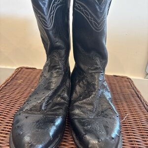 Vintage Black Leather Ostrich Cowboy Boots